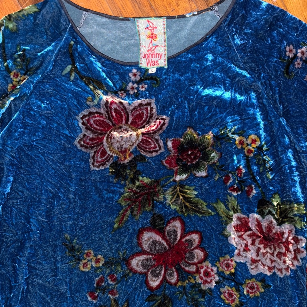 Johnny Was Rich Blue Velvet Top with Floral Embroidery